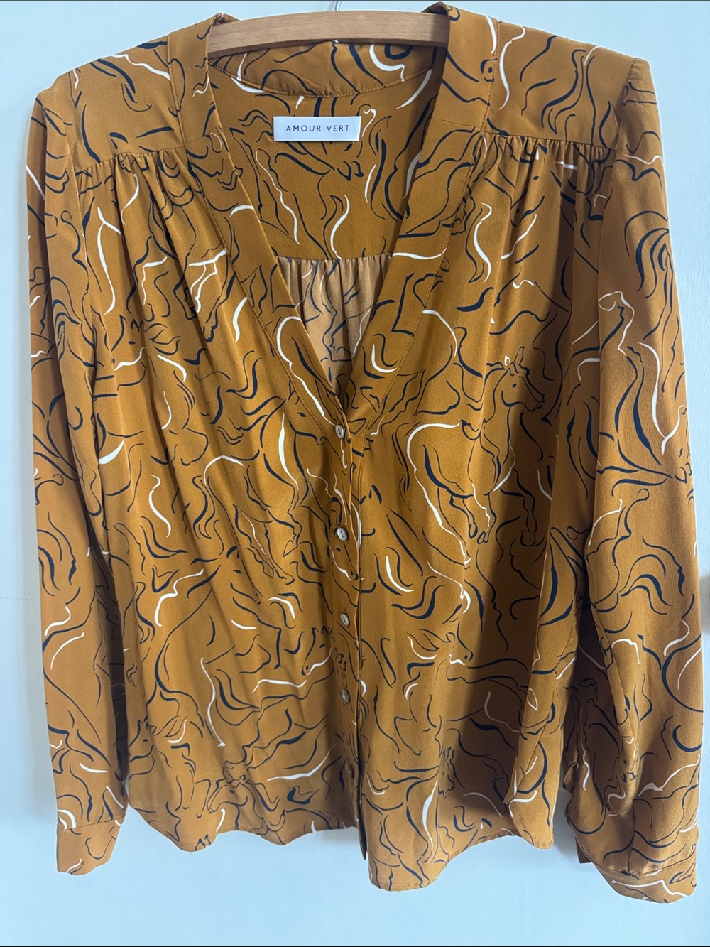 Amour Vert Mustard Horse Print Design Shell Button-Front Blouse